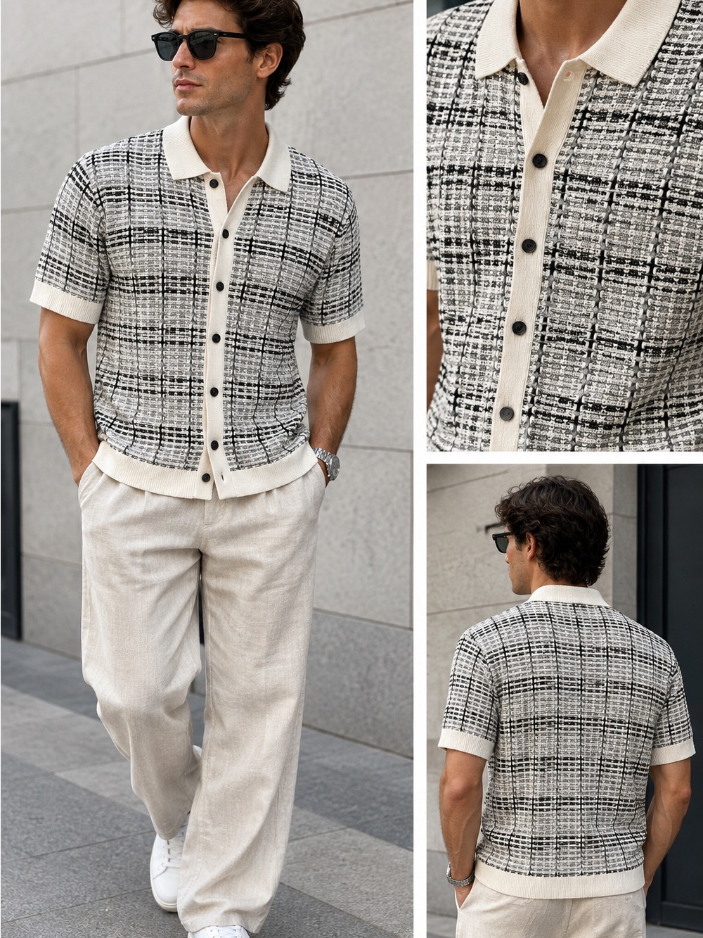 For The Republic Cream and Black Plaid Short-Sleeve Knit Polo